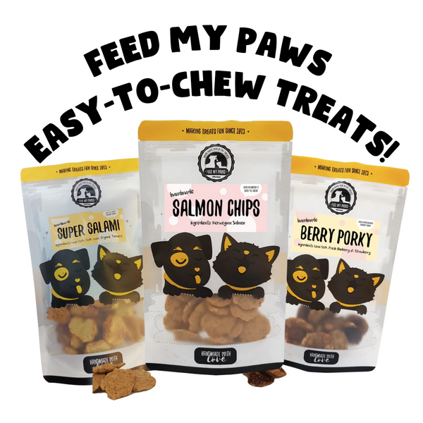 A little more about our Easy-to-Chew treats for Dogs & Cats: Salmon Chips, Super Salami, and Berry Porky!
